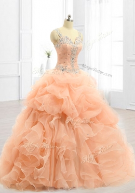 Cheap Straps Beading and Ruffles Quinceanera Dresses in Peach