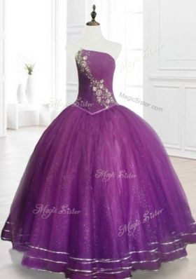 Perfect Strapless Purple Floor Length Quinceanera Gowns with Beading