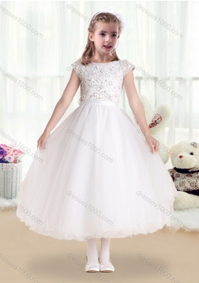 First Communion Bateau Cap Sleeves Flower Girl Dresses with Appliques