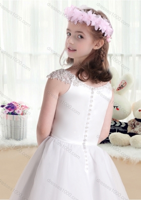 First Communion Cap Sleeves Flower Girl Dresses with Beading and Appliques