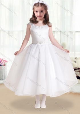 First Communion Cap Sleeves Flower Girl Dresses with Beading and Appliques