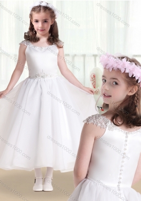 First Communion Cap Sleeves Flower Girl Dresses with Beading and Appliques
