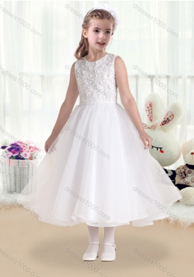 First Communion Princess Scoop White Flower Girl Dresses with Appliques