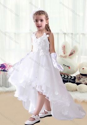 First Communion V Neck Appliques High Low White Flower Girl Dresses