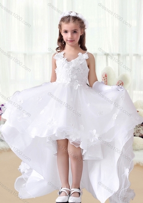 First Communion V Neck Appliques High Low White Flower Girl Dresses