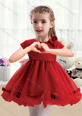 First Communion Mini Length Short Sleeves Little Girl Dress with Bowknot