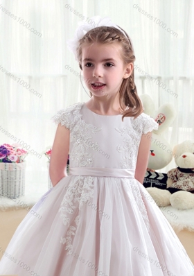 First Communion Scoop Cap Sleeves Flower Girl Dresses with Appliques