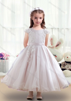 First Communion Scoop Cap Sleeves Flower Girl Dresses with Appliques