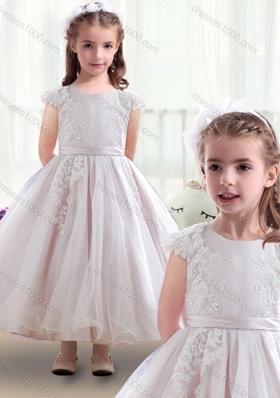 First Communion Scoop Cap Sleeves Flower Girl Dresses with Appliques