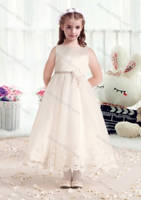 First Communion Scoop Flower Girl Dresses with Hand Made Flowers