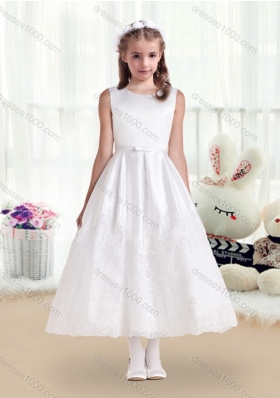 First Communion Scoop White Flower Girl Dresses with Lace and Belt