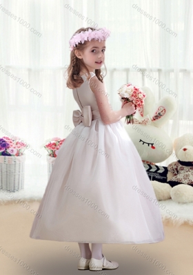 First Communion White Flower Girl Dresses with Bowknot