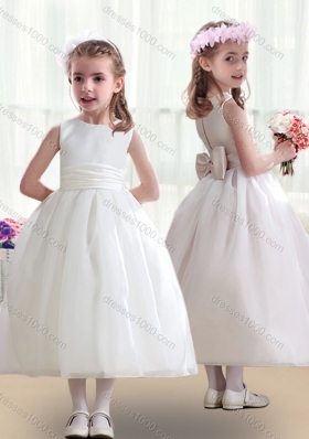 First Communion White Flower Girl Dresses with Bowknot