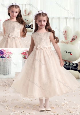 New Arrival Bateau Champagne Flower Girl Dresses with Appliques