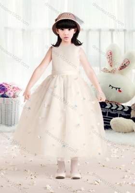 New Arrival Bateau Champagne Flower Girl Dresses with Appliques and Belt
