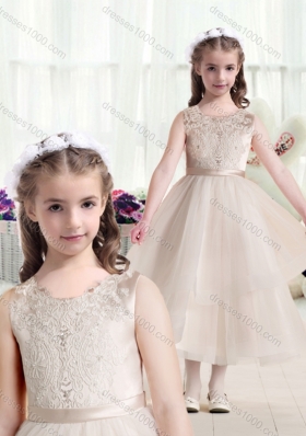 New Arrival Scoop Champagne Flower Girl Dresses with Appliques