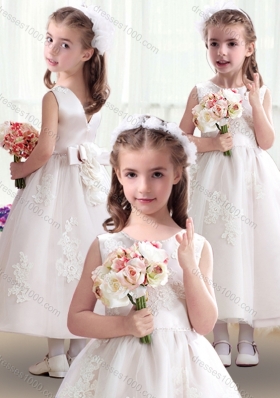 New Arrival Scoop Flower Girl Dresses with Appliques and Bowknot