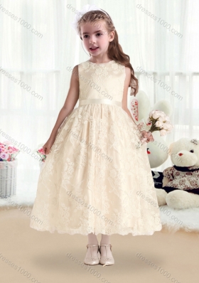 New Arrival Scoop Lace and Belt Flower Girl Dresses in White