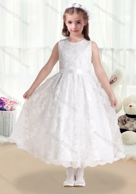 New Arrival Scoop Lace and Belt Flower Girl Dresses in White