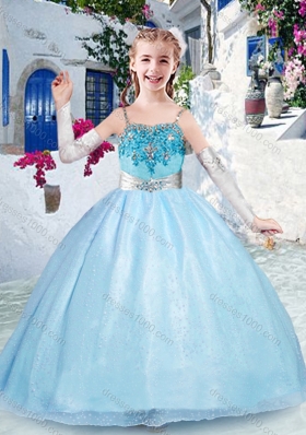 Beautiful Spaghetti Straps Light Blue Little Girl Pageant Dress with Beading