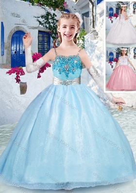 Beautiful Spaghetti Straps Light Blue Little Girl Pageant Dress with Beading