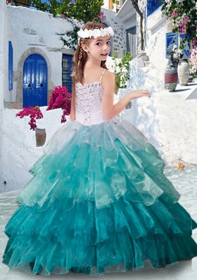 Customized Straps Little Girl Pageant Dresses with Ruffled Layers and Appliques