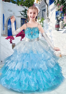 Customized Straps Little Girl Pageant Dresses with Ruffled Layers and Appliques