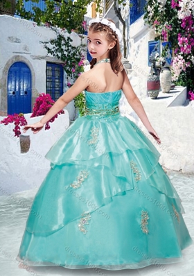 Fashionable Halter Top Turquoise Little Girl Pageant Dresses with Appliques