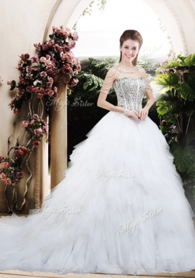 2016 Beautiful Ball Gown Chapel Train Wedding Dresses with Beading and Ruffles