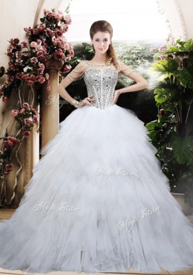 2016 Beautiful Ball Gown Chapel Train Wedding Dresses with Beading and Ruffles