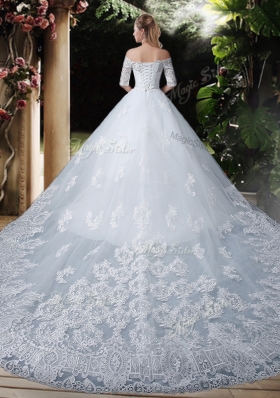 2016 Elegant Ball Gown Off the Shoulder Lace Chapel Train Wedding Dresses with Half Sleeves