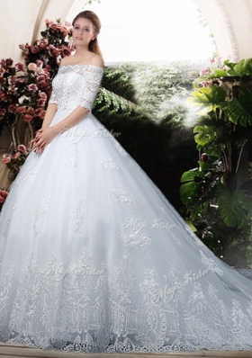 2016 Elegant Ball Gown Off the Shoulder Lace Chapel Train Wedding Dresses with Half Sleeves