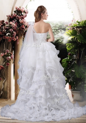 2016  Inexpensive One Shoulder High Low Wedding Dresses with Ruffled Layers