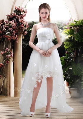 2016 Modern Strapless Appliques and Belt Zipper Up Wedding Dresses with High Low