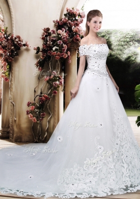 2016 Perfect Off the Shoulder Appliques Wedding Dresses with Cap Sleeves