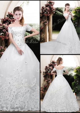 2016 Perfect Off the Shoulder Appliques Wedding Dresses with Cap Sleeves