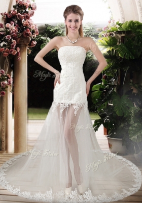 2016 See Through Empire Strapless Appliques Wedding Dresses with Court Train