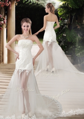 2016 See Through Empire Strapless Appliques Wedding Dresses with Court Train