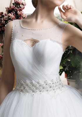 2016 Simple A Line Scoop Wedding Dresses with Beading and Belt