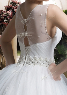 2016 Simple A Line Scoop Wedding Dresses with Beading and Belt