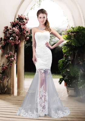 Latest Column Sweetheart Lace Wedding Dresses with Brush Train