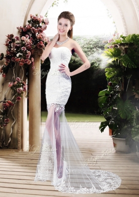 Latest Column Sweetheart Lace Wedding Dresses with Brush Train