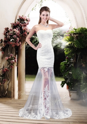 Latest Column Sweetheart Lace Wedding Dresses with Brush Train