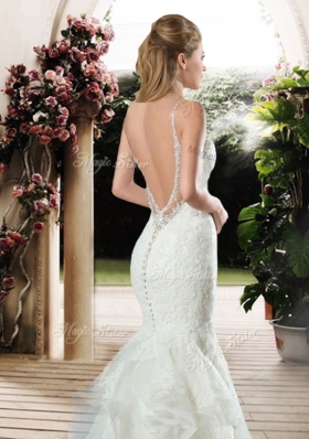 2016  Straps Beaded and Lace Wedding Dresses with Court Train