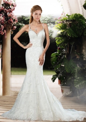 2016  Straps Beaded and Lace Wedding Dresses with Court Train