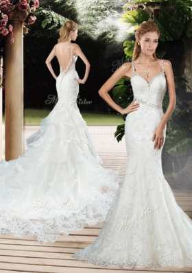 2016  Straps Beaded and Lace Wedding Dresses with Court Train