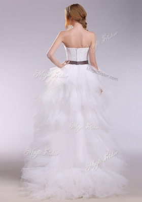 2016 High Low Ruffles and Belt Wedding Dresses with Zipper Up