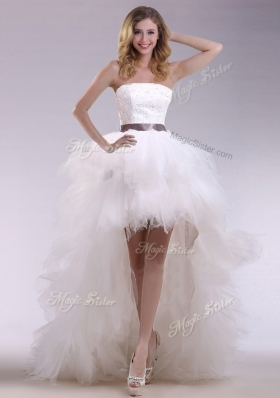 2016 High Low Ruffles and Belt Wedding Dresses with Zipper Up