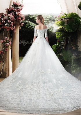 2016 Latest A Line Off the Shoulder Half Sleeves Wedding Dresses with Appliques
