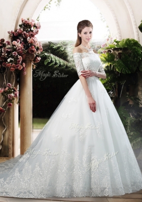 2016 Latest A Line Off the Shoulder Half Sleeves Wedding Dresses with Appliques